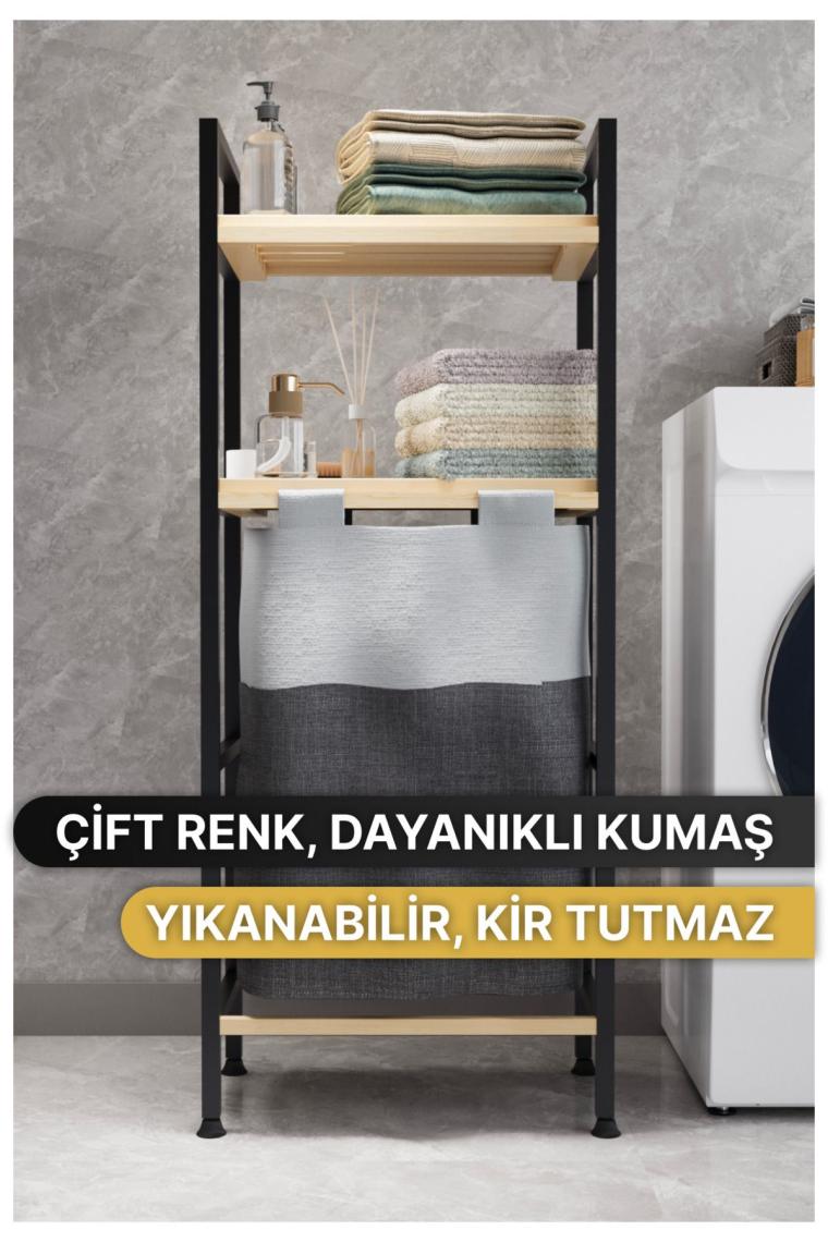 Bino Çamaşır Sepeti Ahşap Raflı Kirli Sepeti 2 Katlı Büyük Boy Kapaklı Çok Amaçlı Banyo Düzenleyici