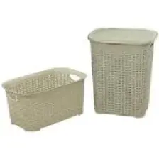 Sağlam Plastik Rattan Hasır Görünümlü Kirli Çamaşır Sepeti- Çamaşır sepeti 2'li Set Çölbeji
