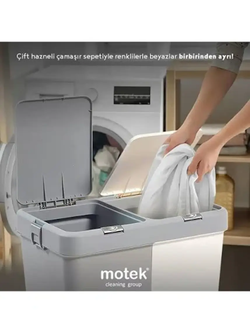 Motek Çok Amaçlı Çift Bölmeli 80 Litre Çamaşır - Kirli Sepeti Gri-Beyaz