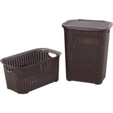 Sağlam Plastik Rattan Hasır Görünümlü Kirli Çamaşır Sepeti- Çamaşır sepeti 2'li Set Kahverengi