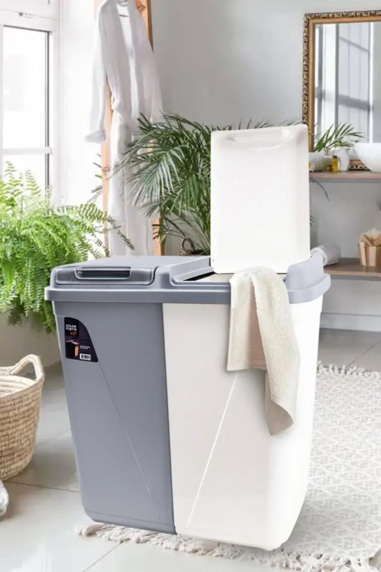 Violet 60 Lt Çift Gözlü Çamaşır Sepeti Gri-Beyaz