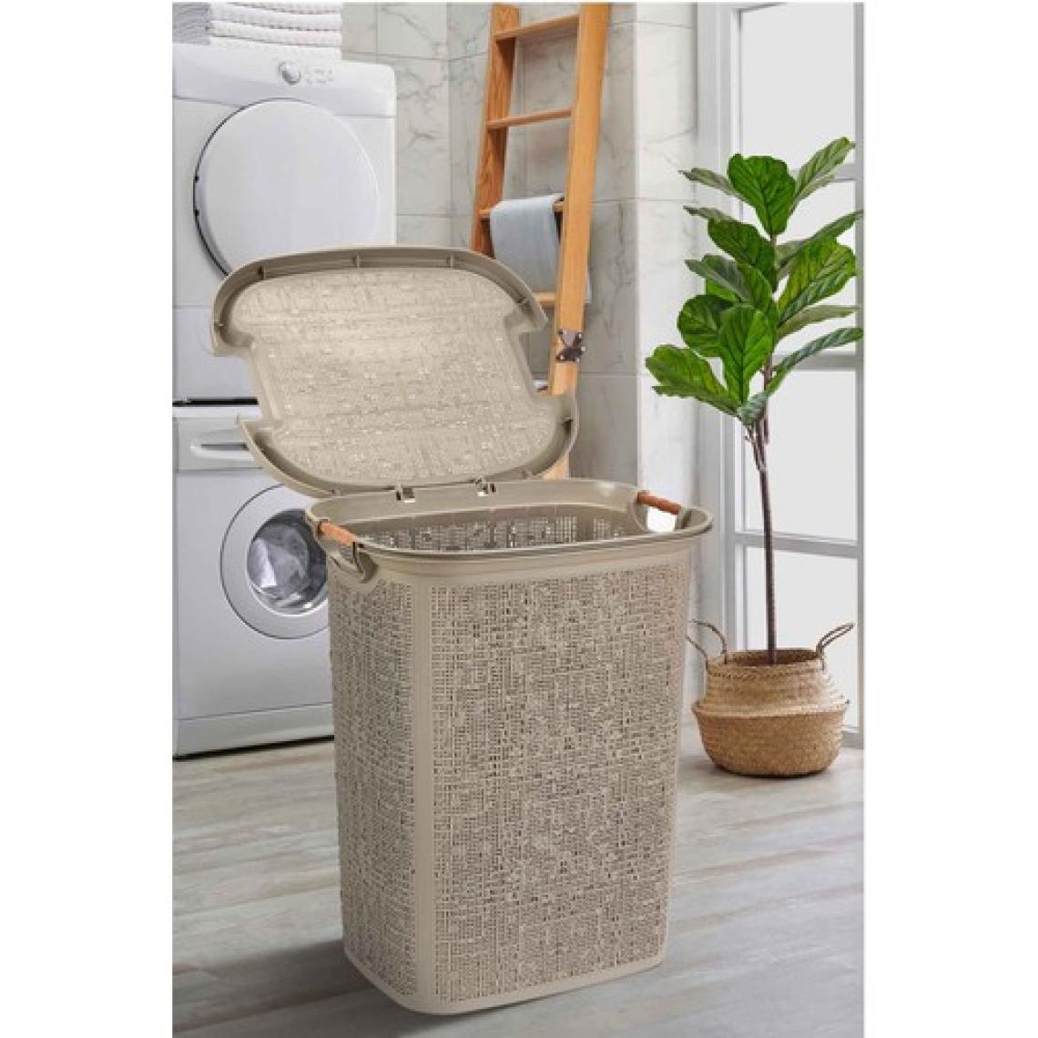 Tuffex Woow Desen Ahşap Kulplu Antistatik Kirli Çamaşır Sepeti 60 Lt - Latte