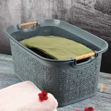 Tuffex Woow Desen Ahşap Kulplu Çamaşır Sepeti 30 Lt Pudra