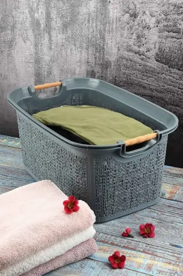 Tuffex Woow Desen Ahşap Kulplu Çamaşır Sepeti 30 Lt Pudra
