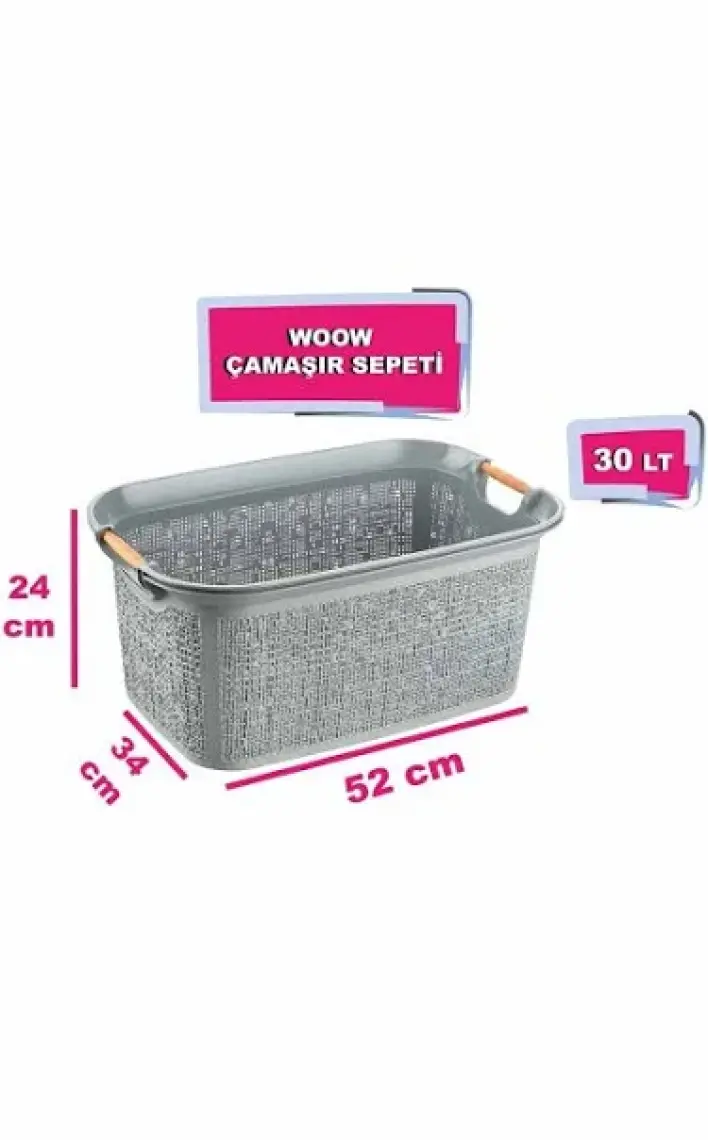 Tuffex Woow Desen Ahşap Kulplu Çamaşır Sepeti 30 Lt Pudra