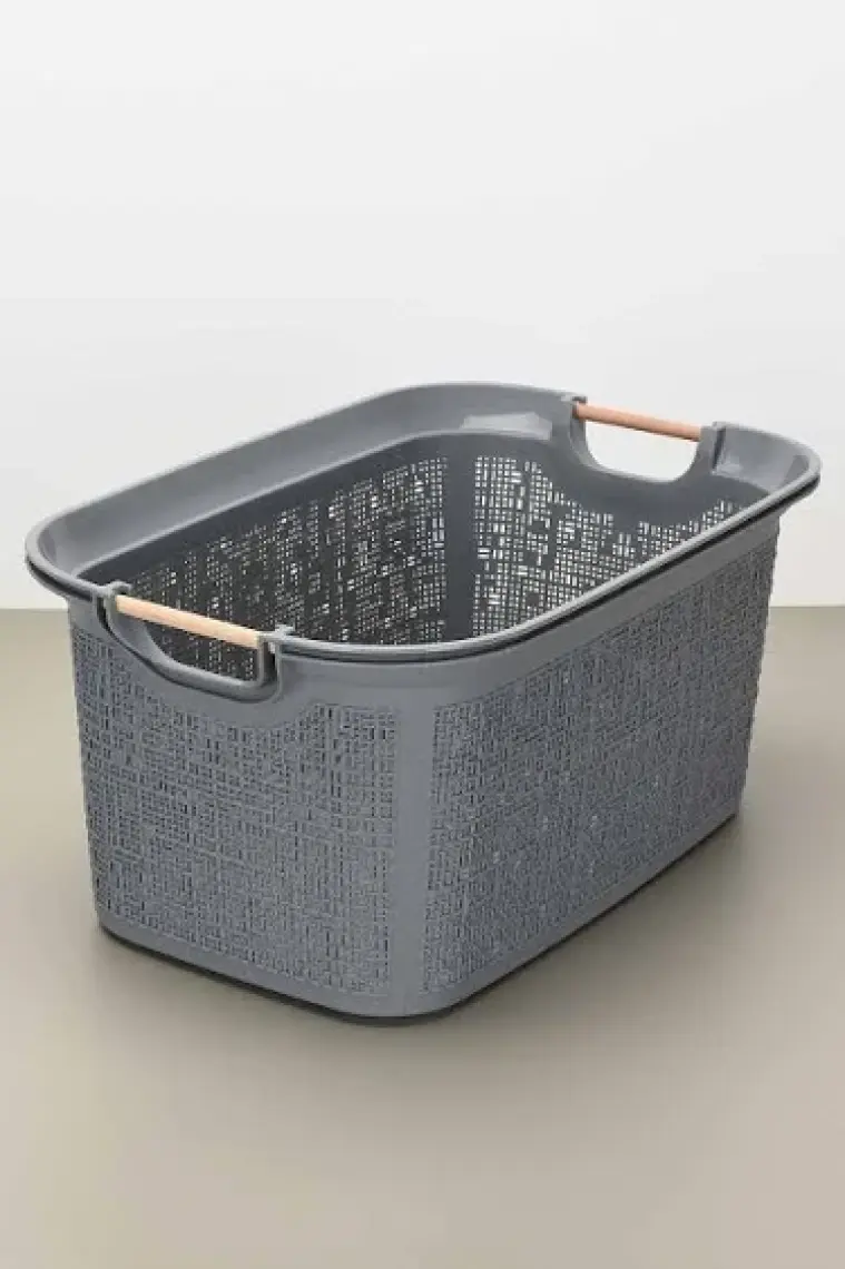 Tuffex Woow Desen Ahşap Kulplu Çamaşır Sepeti 30 Lt Pudra
