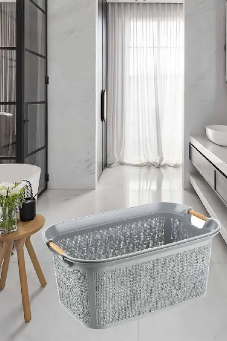 Tuffex Woow Desen Ahşap Kulplu Çamaşır Sepeti 30 Lt Pudra