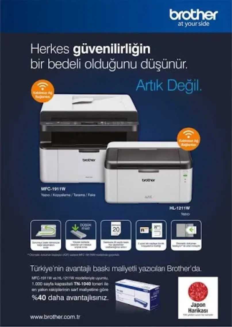 Brother MFC-1911W Wi-Fi Faks + Fotokopi + Tarayıcı + Laser Yazıcı