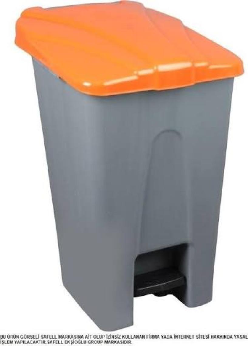 Safell Plastik Köşeli Pedallı Çöp Kovası 70 Lt Tekerlekli Pedallı Çöp Konteyneri Turuncu Kapak