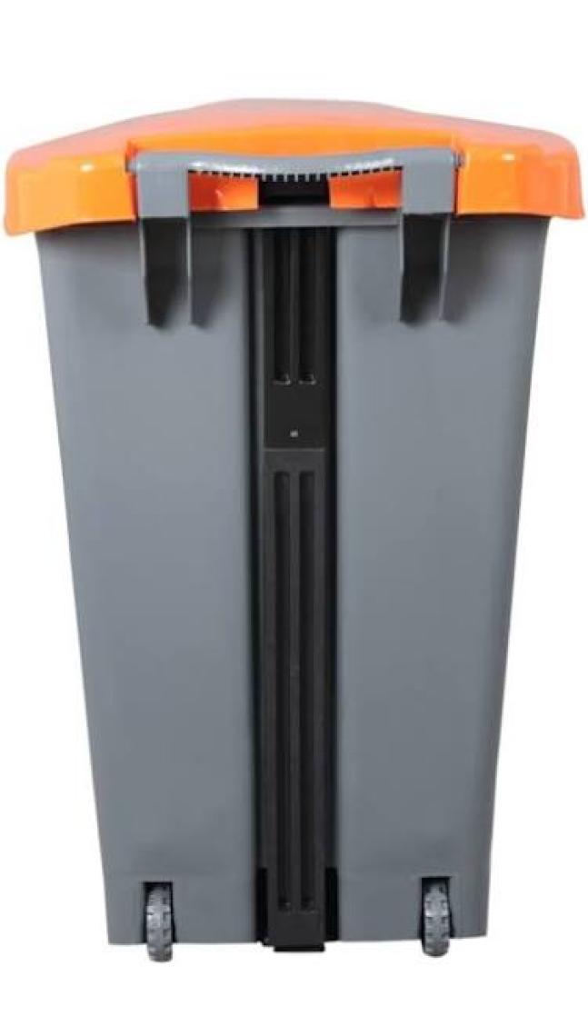 Safell Plastik Köşeli Pedallı Çöp Kovası 70 Lt Tekerlekli Pedallı Çöp Konteyneri Turuncu Kapak