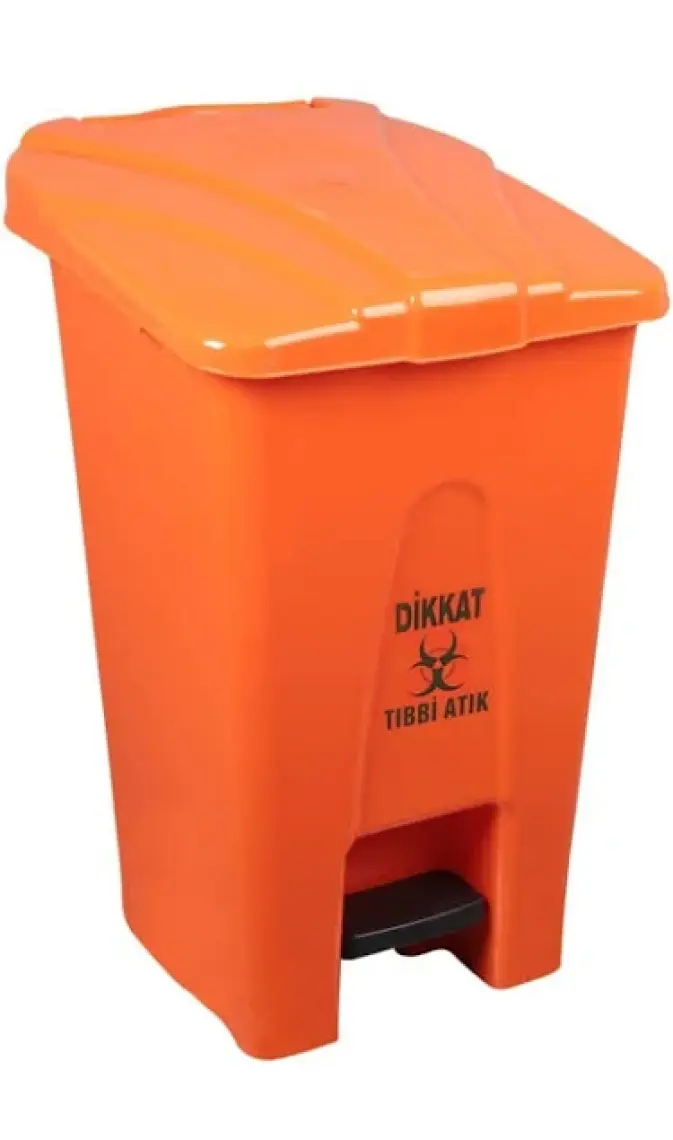 Safell Pedallı Tıbbi Atık Çöp Kovası 70 Lt Tekerlekli Tıbbi Atık Çöp Konteyneri Turuncu
