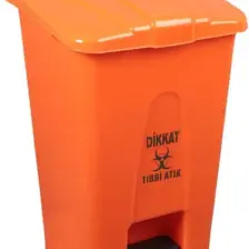 Safell Pedallı Tıbbi Atık Çöp Kovası 70 Lt Tekerlekli Tıbbi Atık Çöp Konteyneri Turuncu