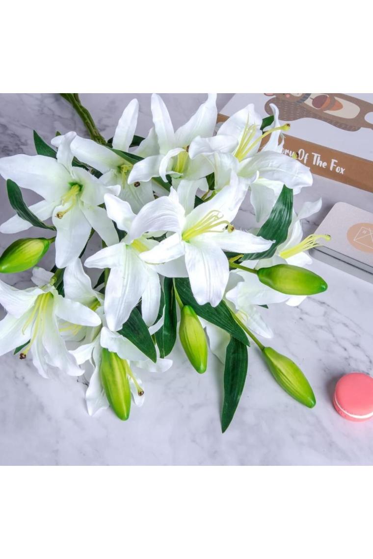 Refox 3lü Set Yapay Çiçek Beyaz Lilyum 3 Kafalı Uzun Dal Çiçek Zambak Lily Flowers 80CM