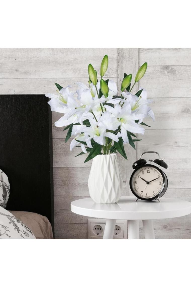 Refox 3lü Set Yapay Çiçek Beyaz Lilyum 3 Kafalı Uzun Dal Çiçek Zambak Lily Flowers 80CM
