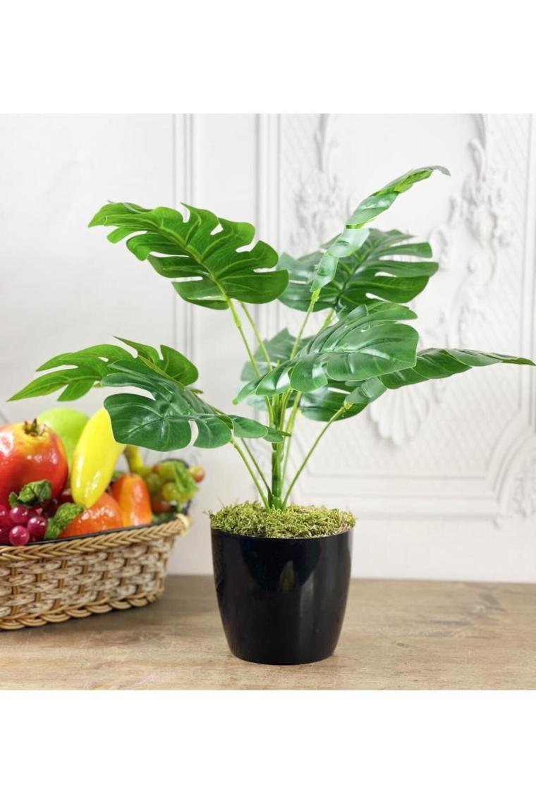 Yapay Çiçek Monstera 9 Dal Siyah Plastik Saksılı Deve Tabanı Dekoratif Süs Çiçeği