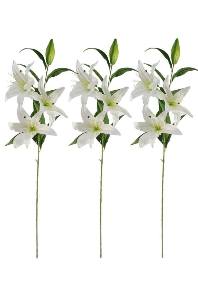 Refox 3lü Set Yapay Çiçek Beyaz Lilyum 3 Kafalı Uzun Dal Çiçek Zambak Lily Flowers 80CM