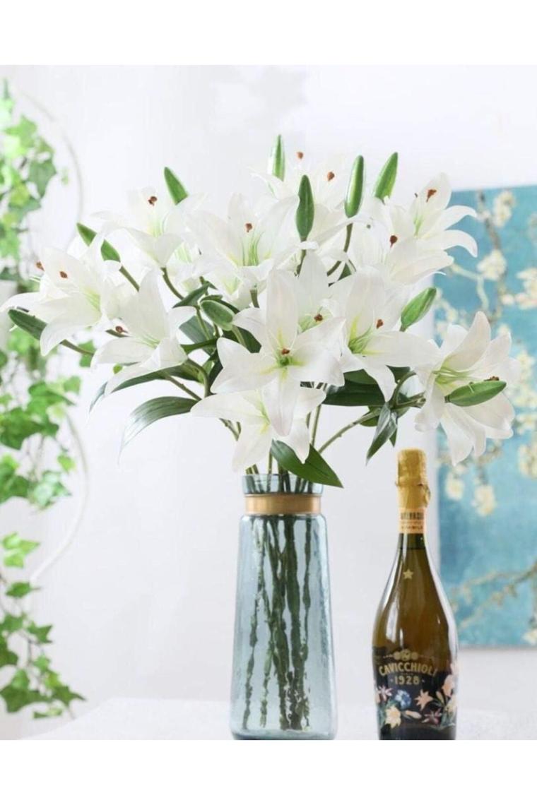 Refox 3lü Set Yapay Çiçek Beyaz Lilyum 3 Kafalı Uzun Dal Çiçek Zambak Lily Flowers 80CM