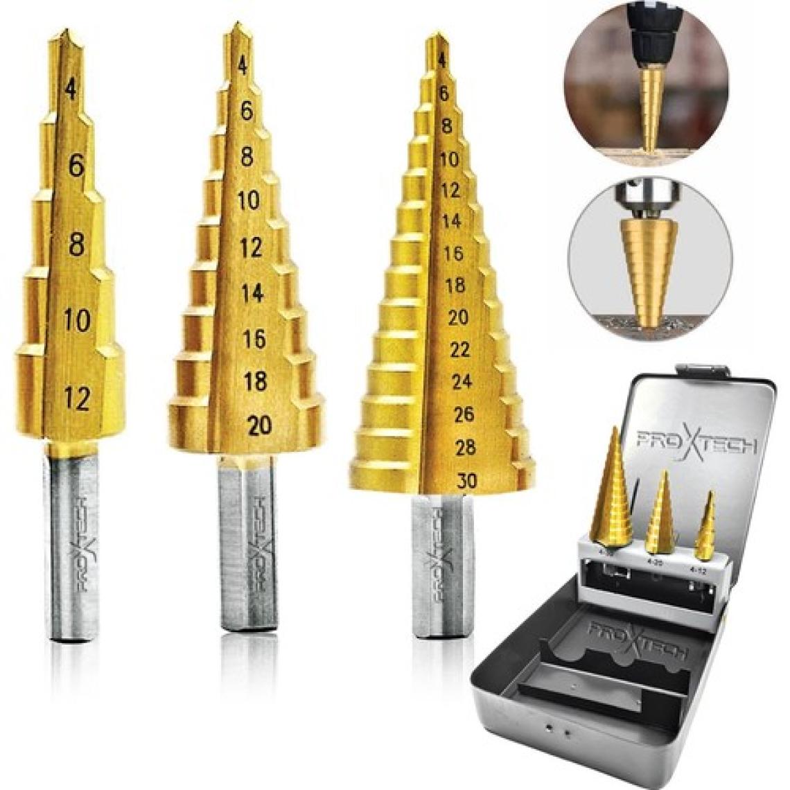 Proxtech  Kademeli Hss Sarmal Matkap Ucu Seti Kademli Sac Delme Çantalı 3 Pcs Set 4-12 / 4-20 / 4-32