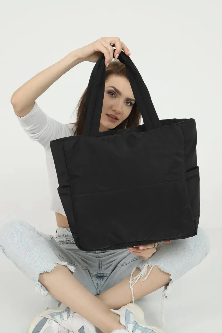 Lula Siyah Kabartmalı Puf Kumaş Shopper Çanta Napoli Siyah