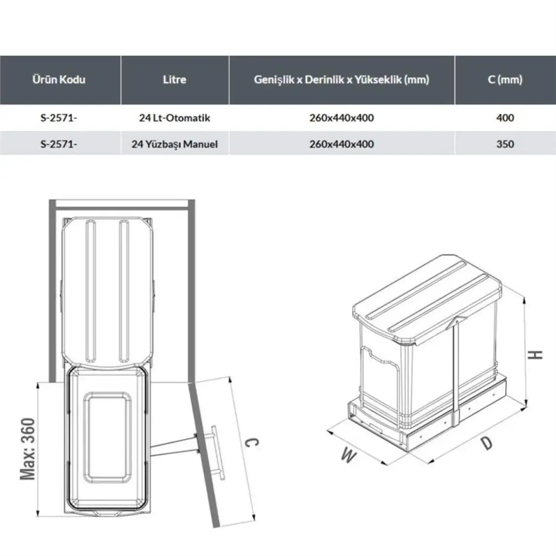 Starax S-2571 Raylı Çöp Kovası 24 Lt