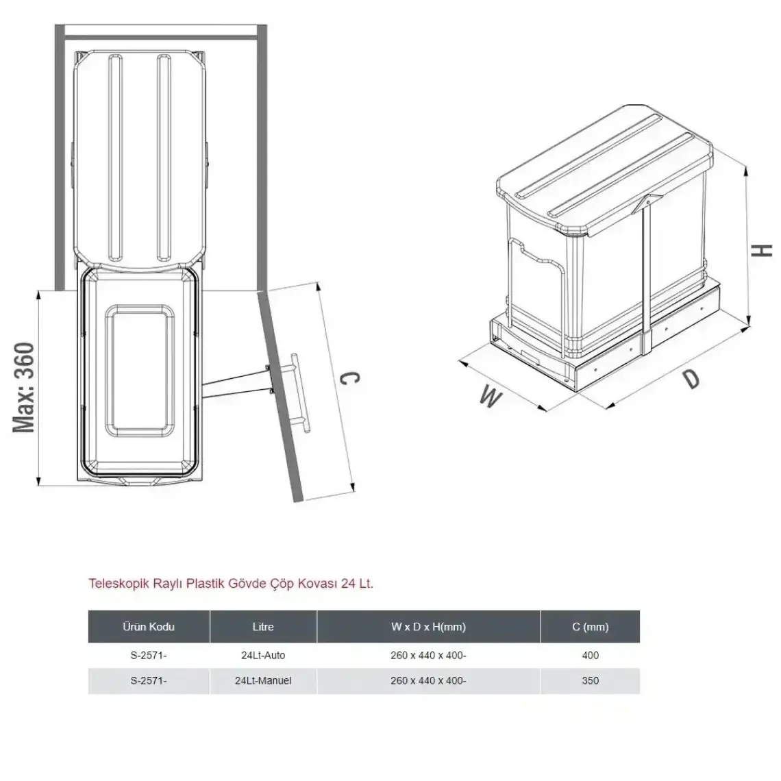 Starax S-2571 Raylı Çöp Kovası 24 Lt