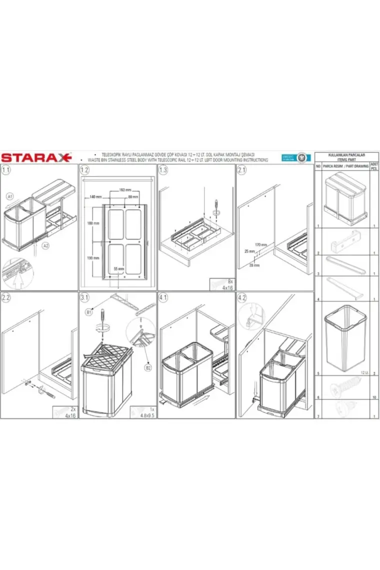 Starax S-2396 Teleskopik Raylı Paslanmaz Gövde Çöp Kovası 12+12LT