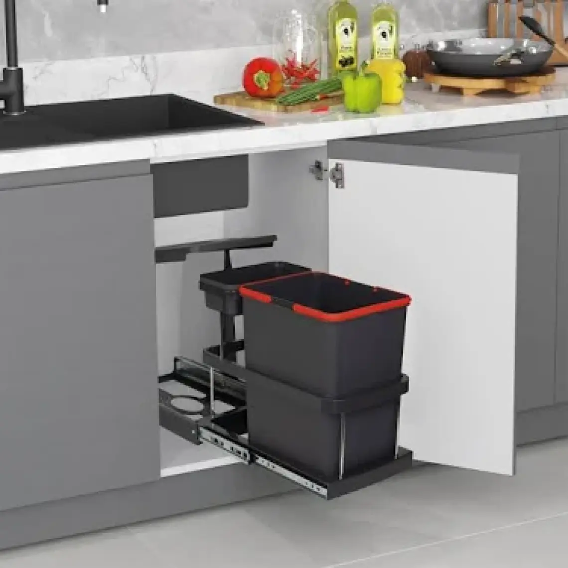 Almital Mobilya Aksesuarlari 24 litre Dolap Içi Teleskopik Raylı Antrasit Çöp Kovası, Minimum Kapak Genişliği 40 Cm.