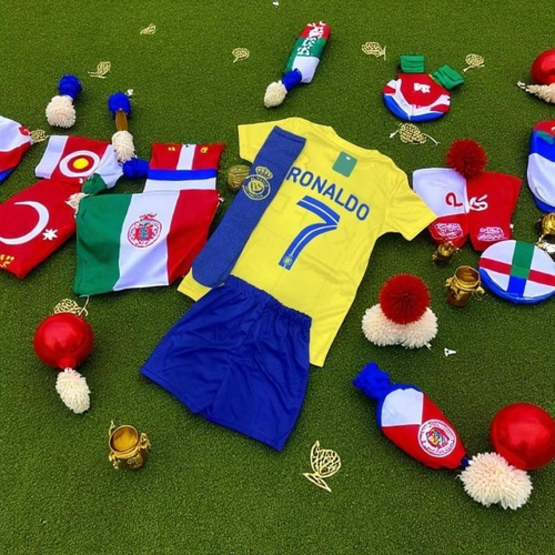 Bite Nose Çocuk Ronaldo Al Nassr 2023/24 Sarı Halı Saha Forma Tişört Şort Armalı Çoraplı