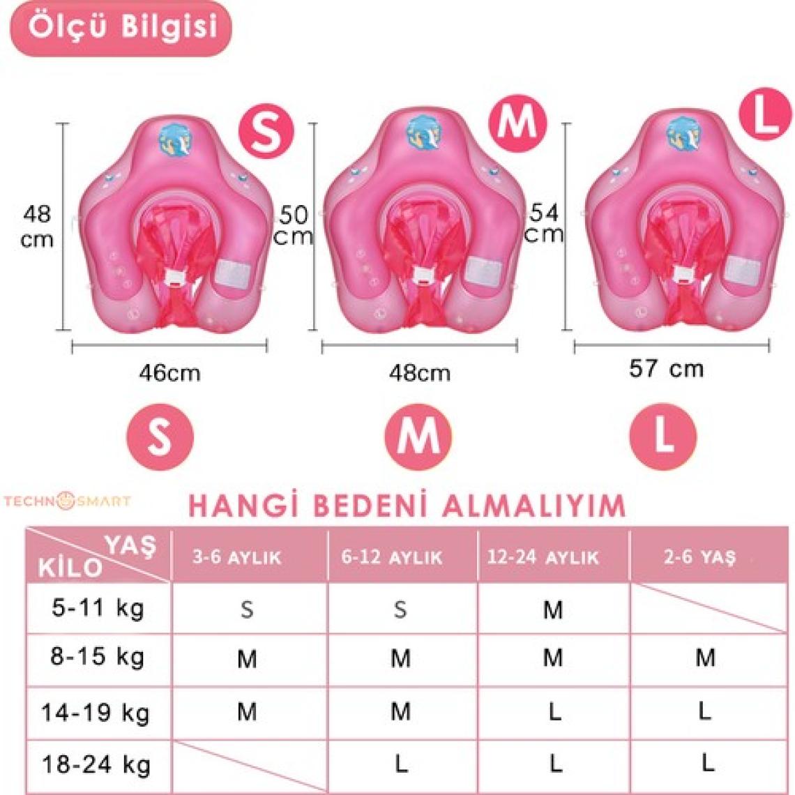 Technosmart Çocuklar Için Yüzme Simidi Bebekler Için Uygun Bel Omuz Korumalı Güvenli Pembe S Beden