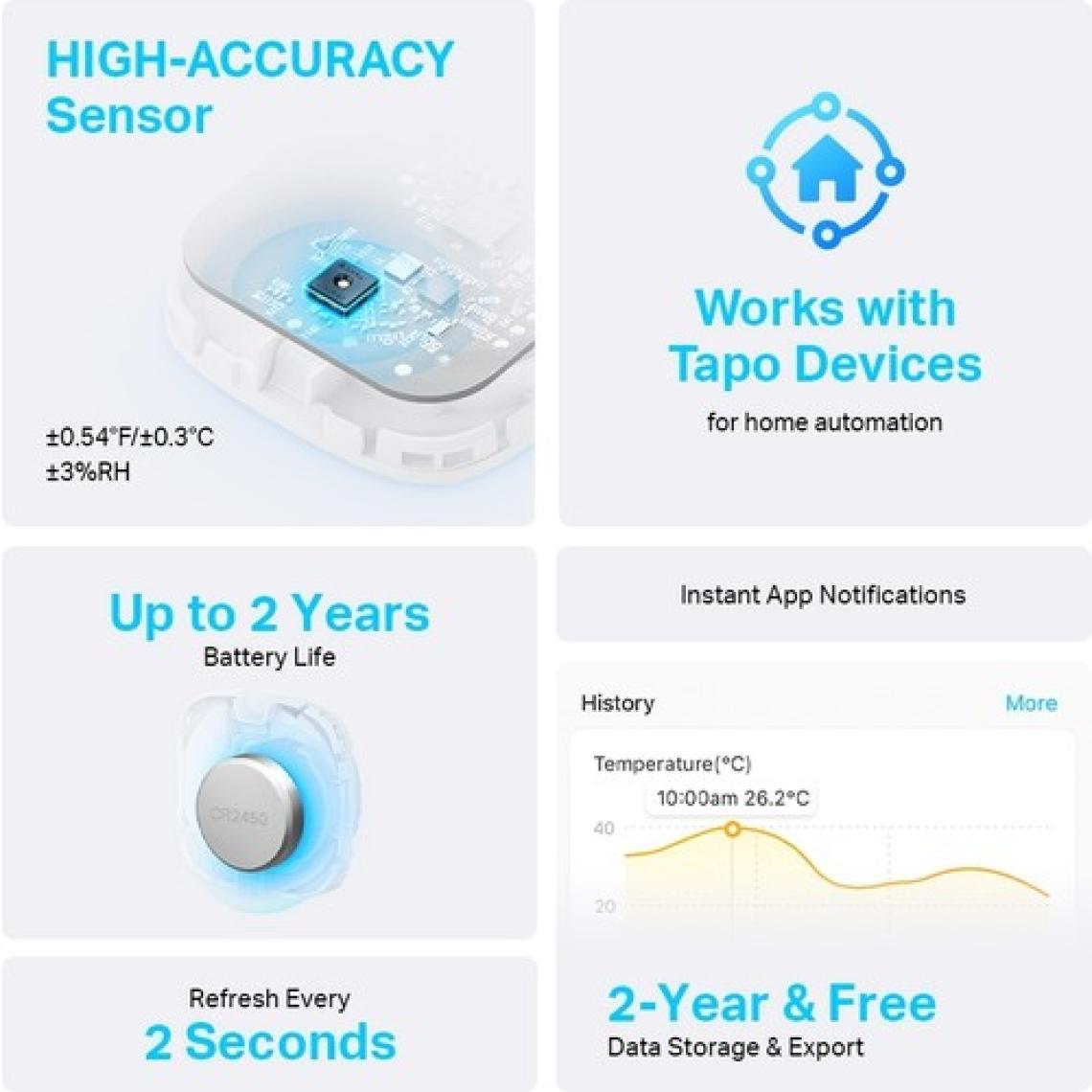 TP-LINK Tapo T310, Akıllı Sıcaklık ve Nem Monitörü, Ücretsiz Veri Depolama, Gerçek Zamanlı Bildirimler, Pil Dahildir, Alexa ve Google Home ile Çalışır, Tapo Hub Gereklidir Ayrıca Satılır