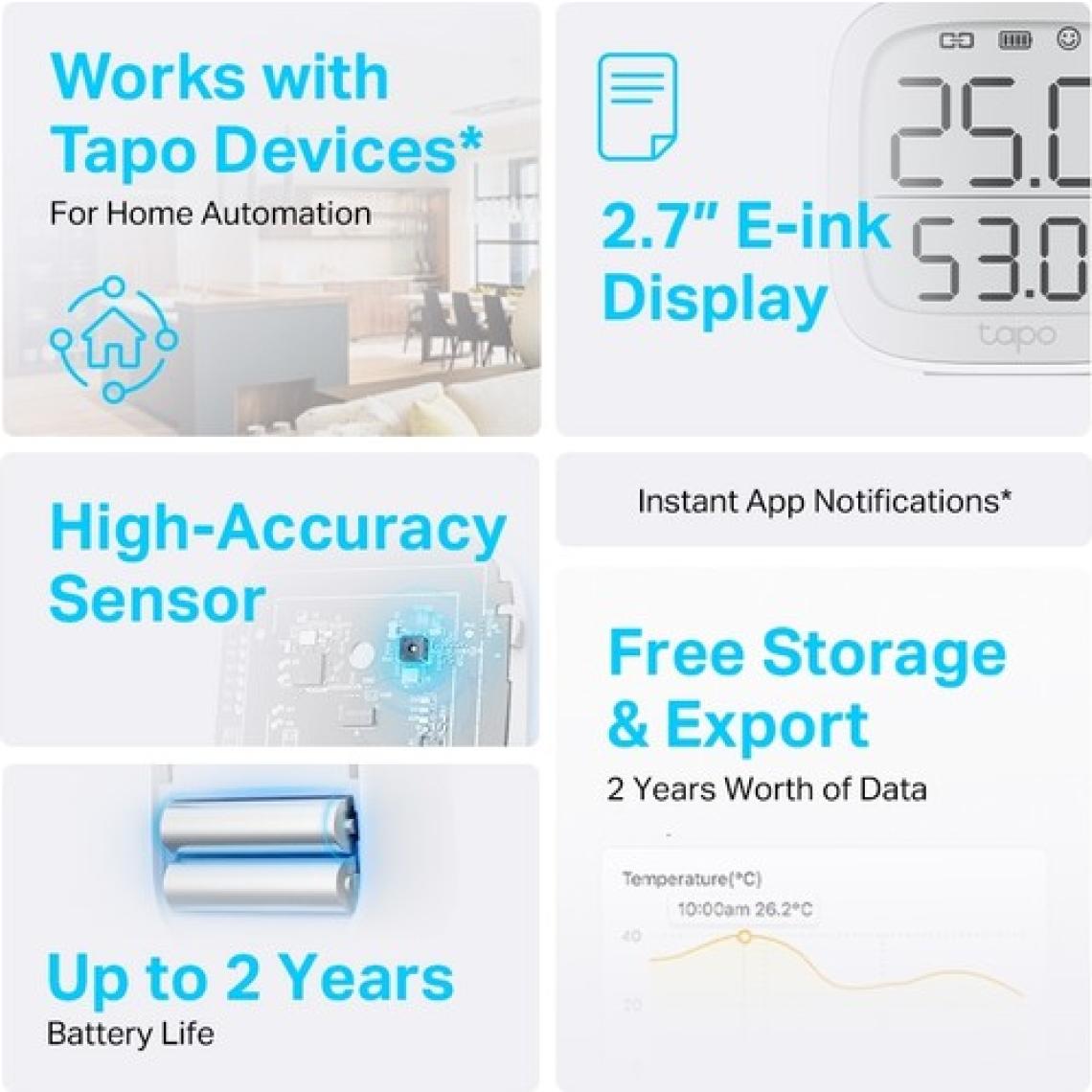 TP-LINK Tapo T315, Akıllı Sıcaklık ve Nem Monitörü, Ücretsiz Veri Depolama, LCD Ekran, Gerçek Zamanlı Bildirimler, Pil Dahildir, Alexa ve Google Home ile Çalışır, Tapo Hub Gereklidir Ayrıca Satılır