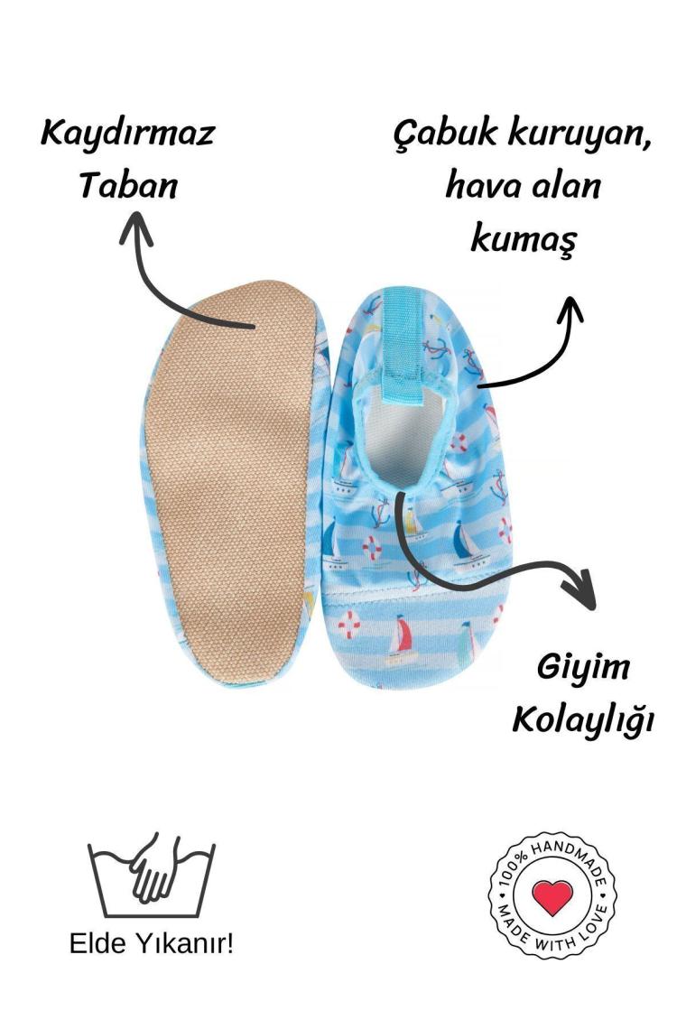 Yelkenli Çizgili Mavi Erkek Çocuk Kaydırmaz Taban Havuz ve Deniz Patiği-F-9015