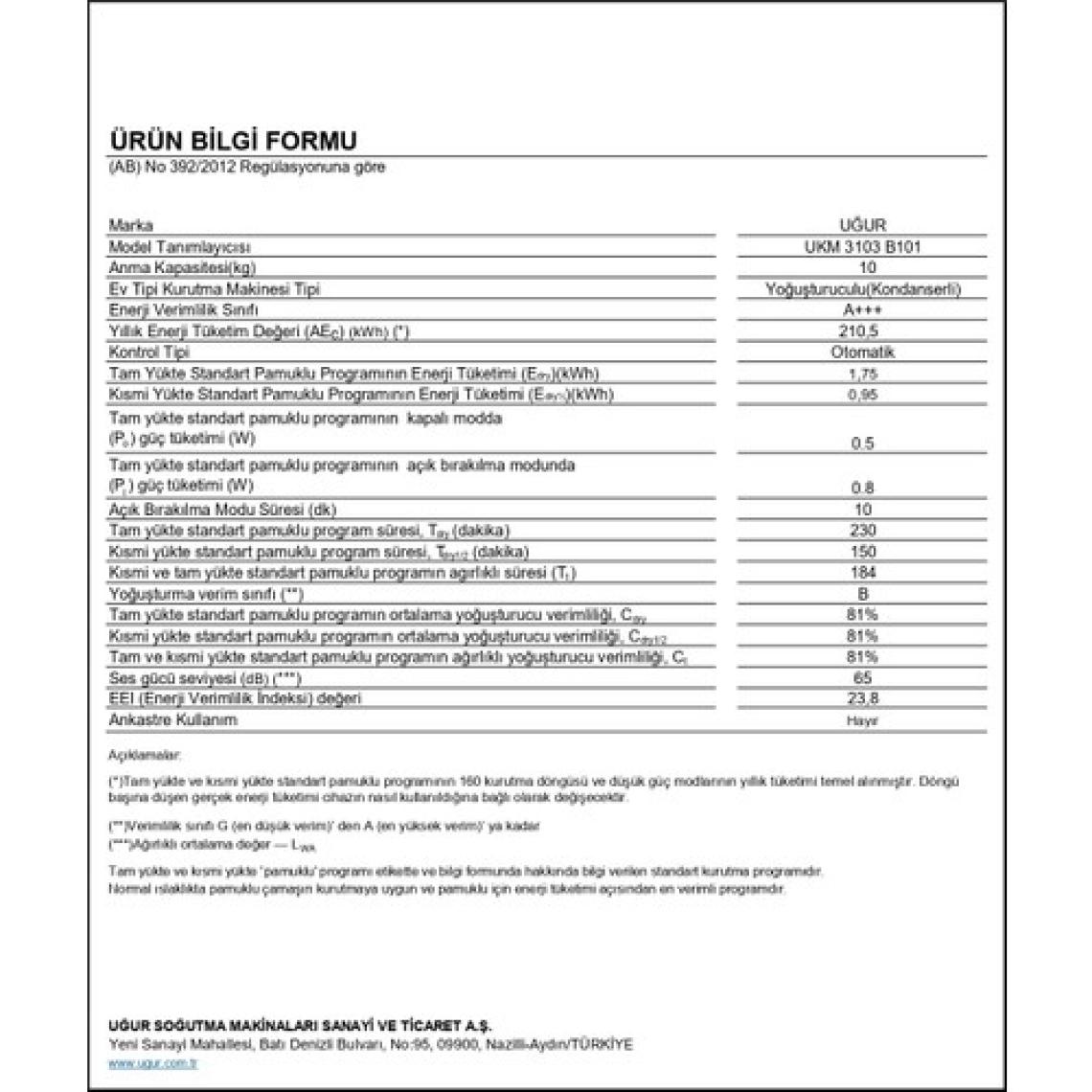 Uğur Ukm 3103 B101 10 kg Çamaşır Kurutma Makinesi