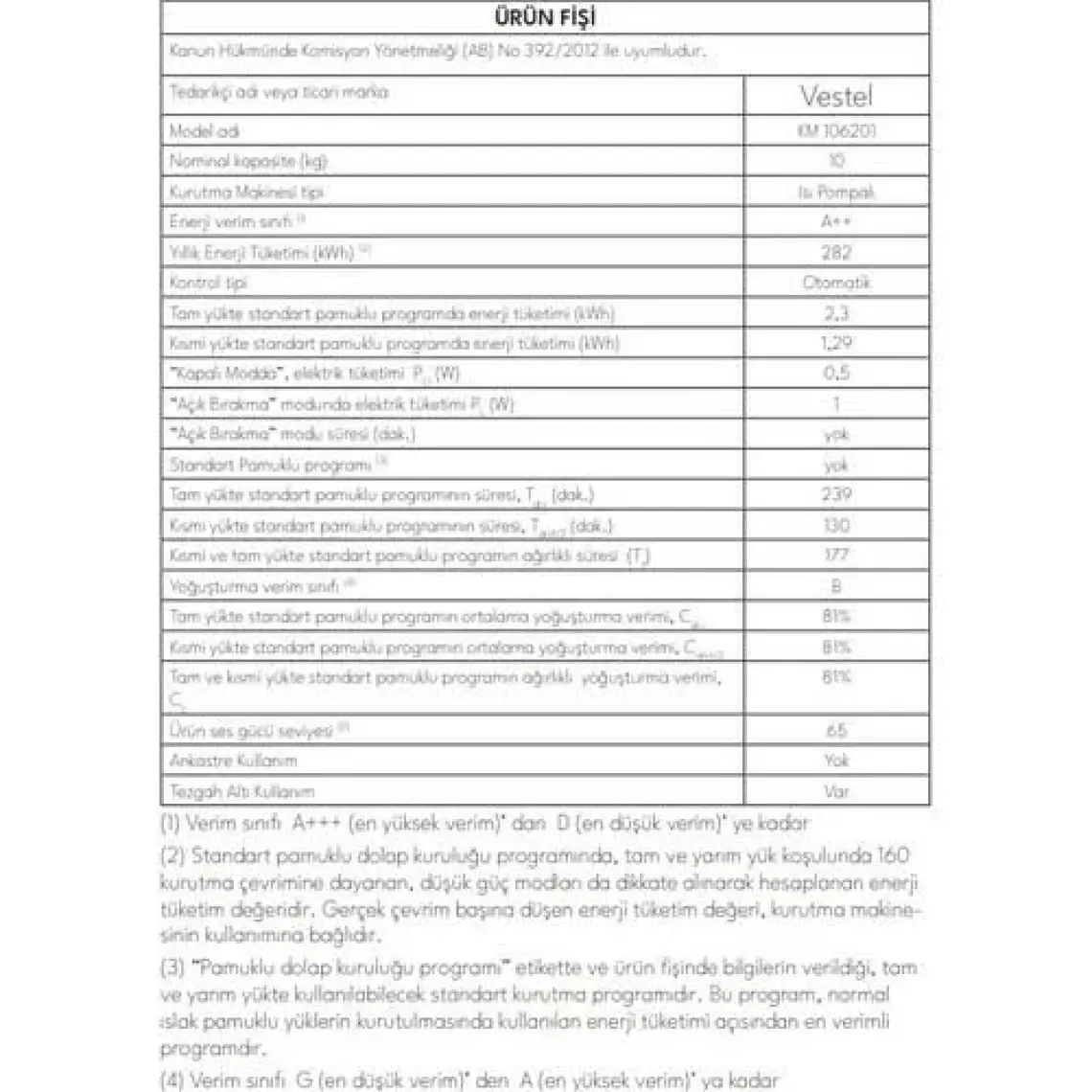 Vestel 10 Kg A++ Enerji Sınıfı Isı Pompalı Kurutma Makinesi - Çocuk Kilidi ve Akıllı Nem Sensörü ile Sessiz Çalışma (65 dB)