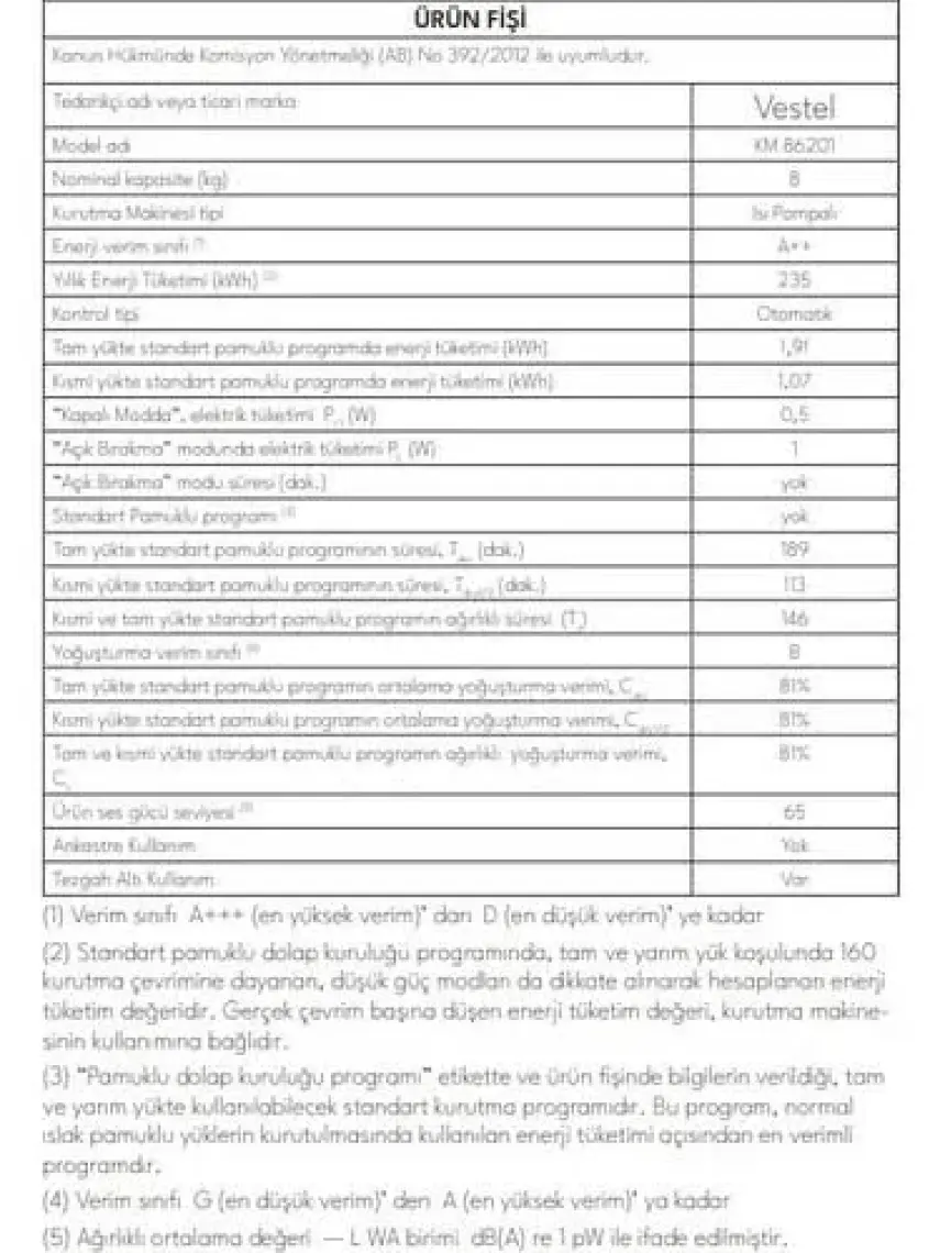 Vestel  Km 86201 8 kg Kurutma Makinesi