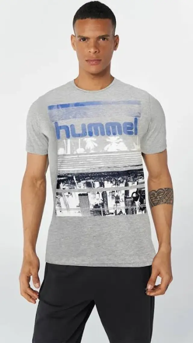 Hummel Dean Erkek Gri Baskılı Bisiklet Yaka Tişört