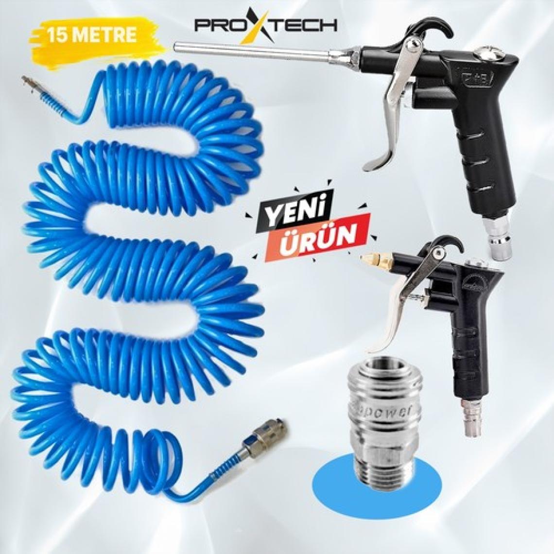 Proxtech  Kompresör Spiral Hava Hortumu 8 mm 15 Mt Hava Jakı  Hava Tabancası Recor 3 Pcs Seti