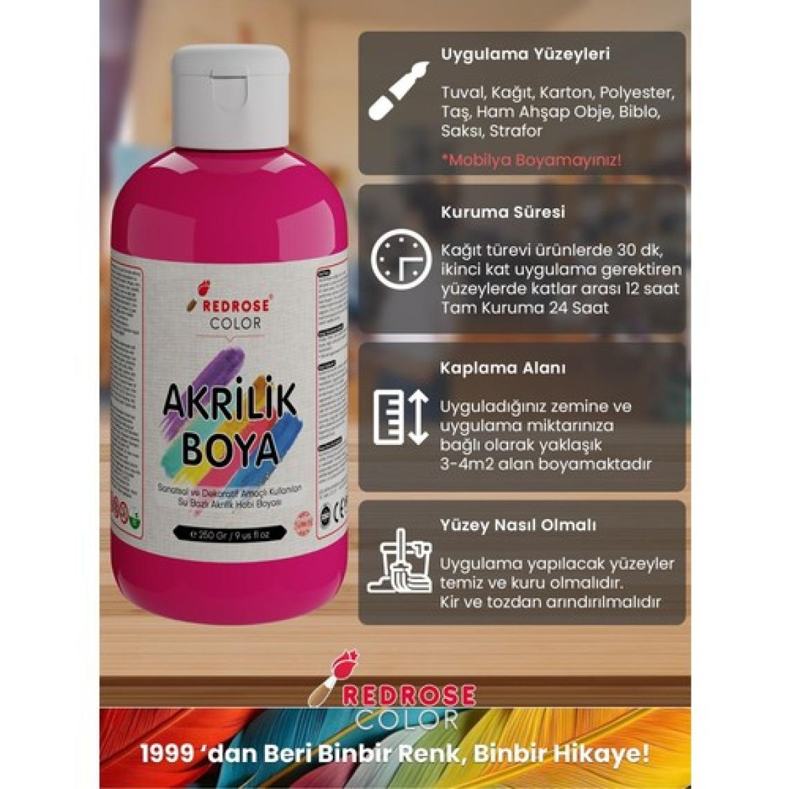 Red Rose Tüm Renkler Akrilik Boya 12'lı Set 12X250GR Dekoratif, Hobi Amaçlı, Sanatsal, Canlı Renkler