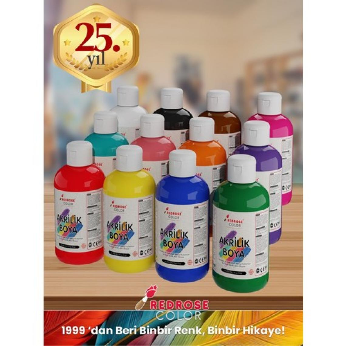 Red Rose Tüm Renkler Akrilik Boya 12'lı Set 12X250GR Dekoratif, Hobi Amaçlı, Sanatsal, Canlı Renkler