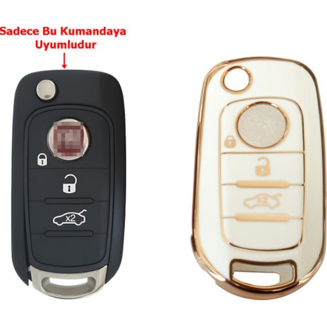 Kasey Fiat Egea Uyumlu Nano Kumanda Anahtar Kılıfı Oto Anahtarlık 3 Tuşlu Beyaz Gold