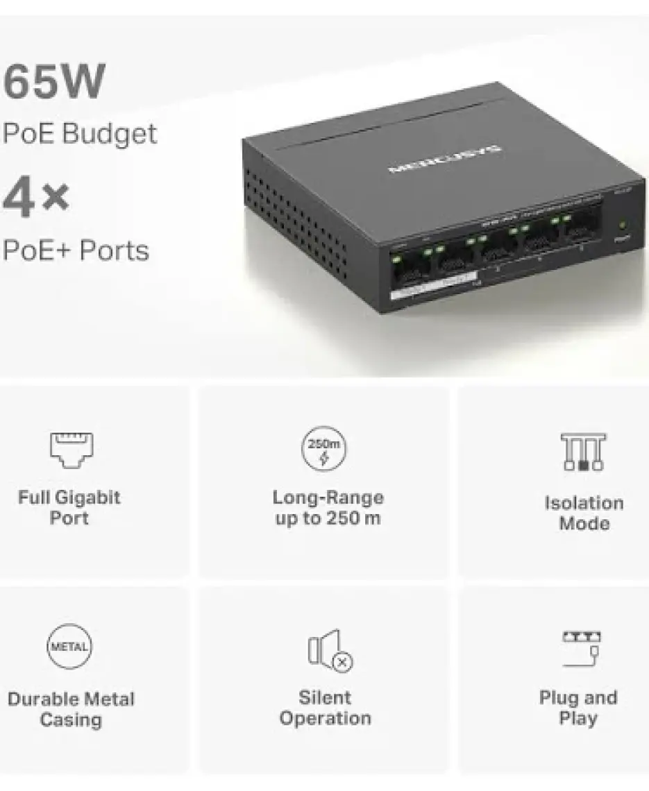 Mercusys MS105GP, 5-Port Gigabit Desktop Switch With 4-Port Poe+