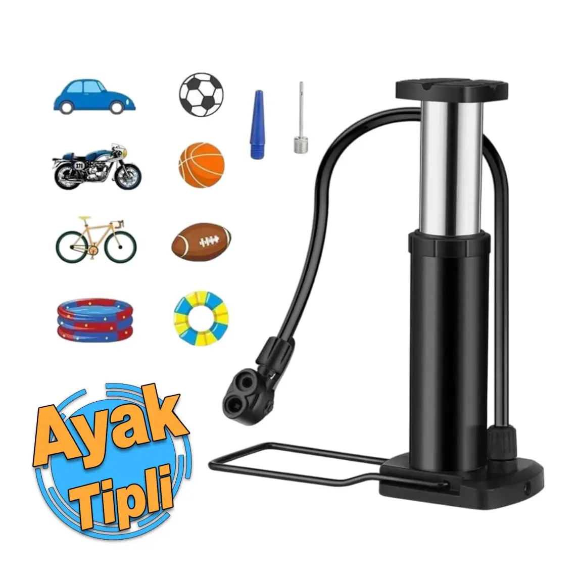 Badem10 Küçük Ayak Tipi Pompa Tekli Teker Araç Bisiklet Top Bot Lastik Şambrel Şişirme Pompası 1 Adet