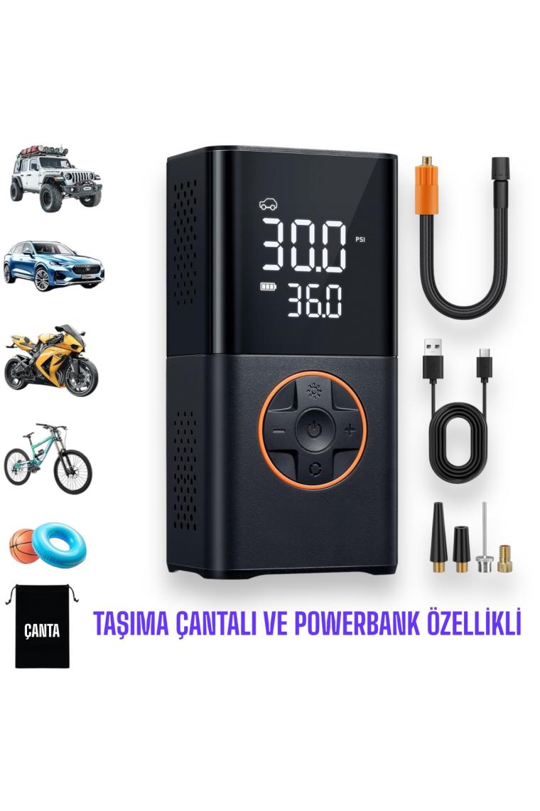 Yeni Model Auhma 3600 Mah Şarjlı Hava Pompası Araç Lastik, Bisiklet, Top Şişirme Oto Hava Kompresörü