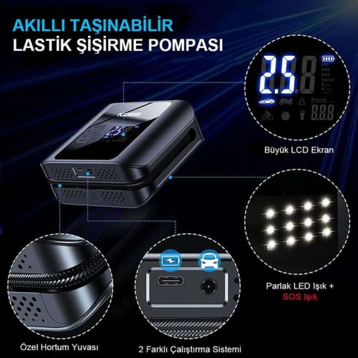 Kobb KB420 12VOLT / Şarjlı Li-Ion 150 Psı Taşınabilir Dijital Basınç Göstergeli LED Aydınlatmalı Akıllı Lastik Şişirme Pompası + Sos