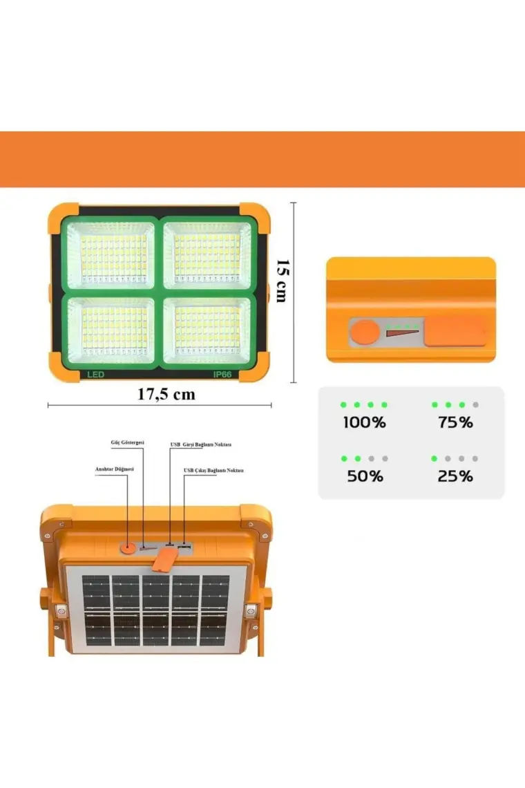 Geseus Taşınabilir Solarlı Çalışma ve Kamp Işığı, Powerbanklı Güneş Enerjili IŞILDAK,FENER-150W 200 Lümen 264 Ledli-Kçk