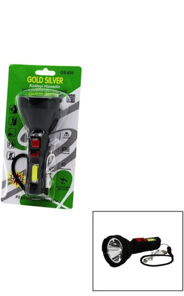 Gold Silver  GS-830 Micro USB Şarj Edilebilir Taşınabilir Cob LED El Feneri Su Geçirmez Fener Kamp Lambası