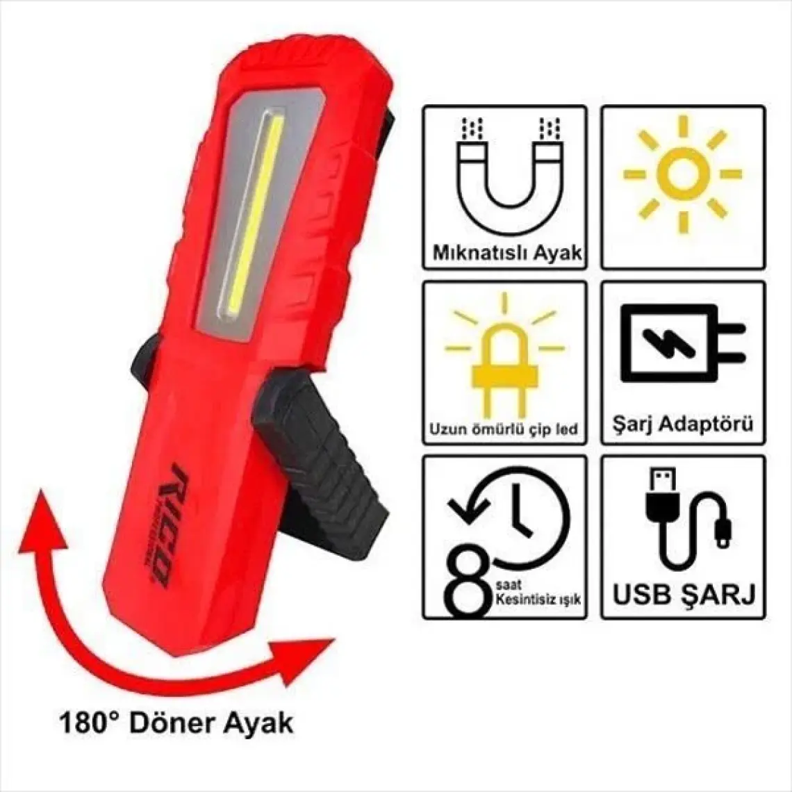 Rico Şarjlı LED Lambası El Feneri Mıknatıslı Asmalı RC0037-240 Lümen