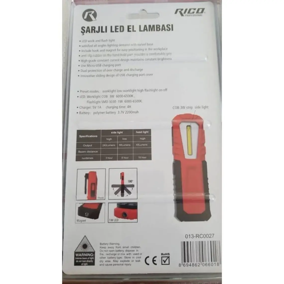 Rico Şarjlı LED Lambası El Feneri Mıknatıslı Asmalı RC0037-240 Lümen