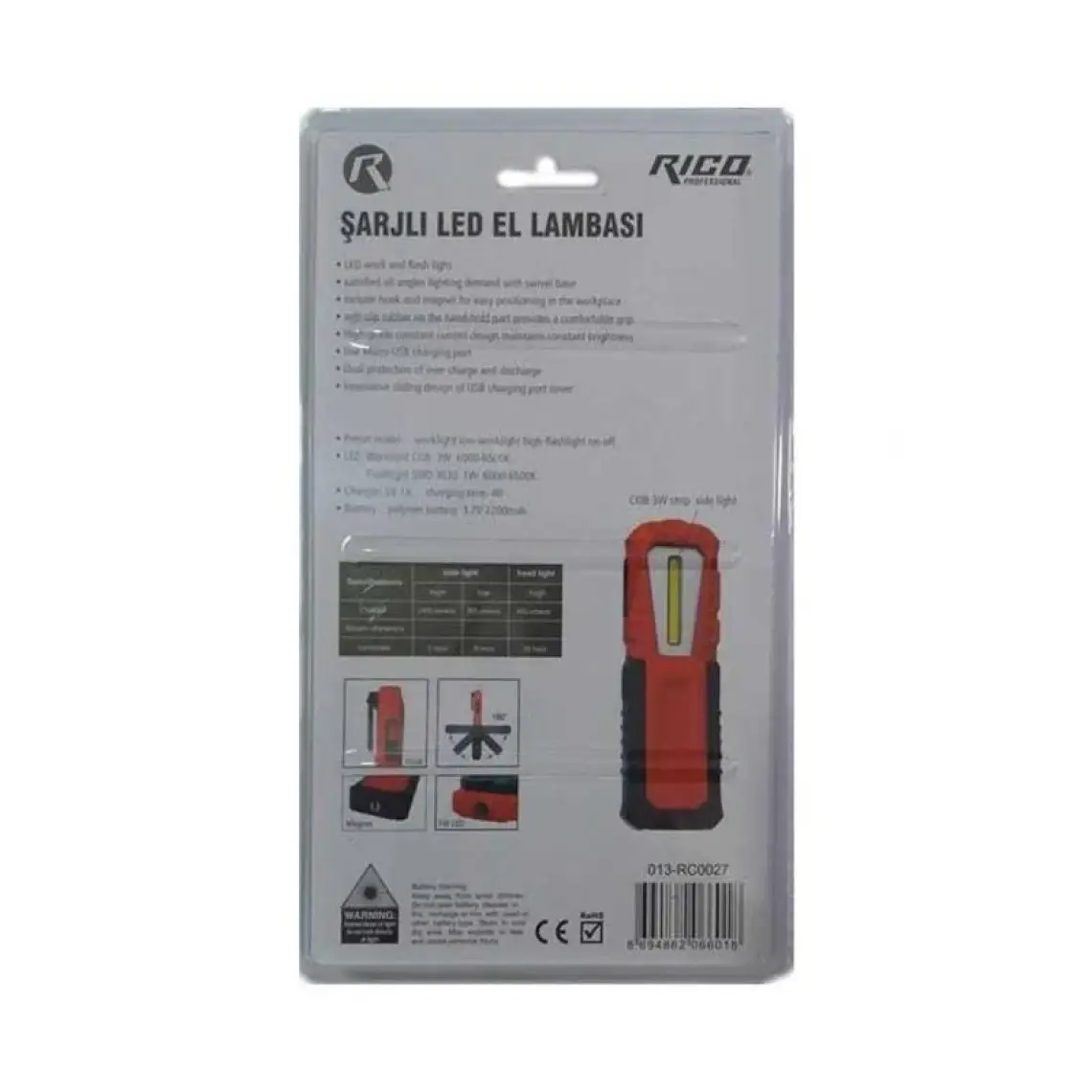 Rico Şarjlı LED Lambası El Feneri Mıknatıslı Asmalı RC0037-240 Lümen