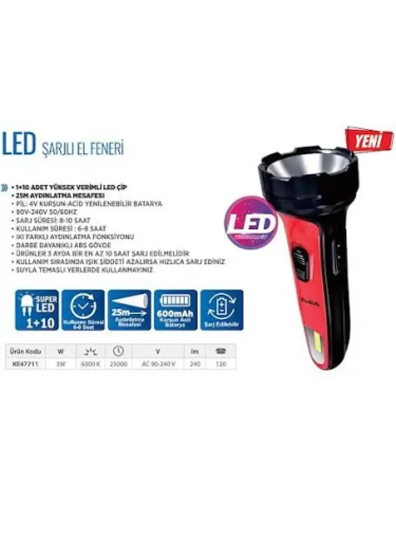 Klaus Şarjlı El Feneri 3+3W 600 Mah KE47711